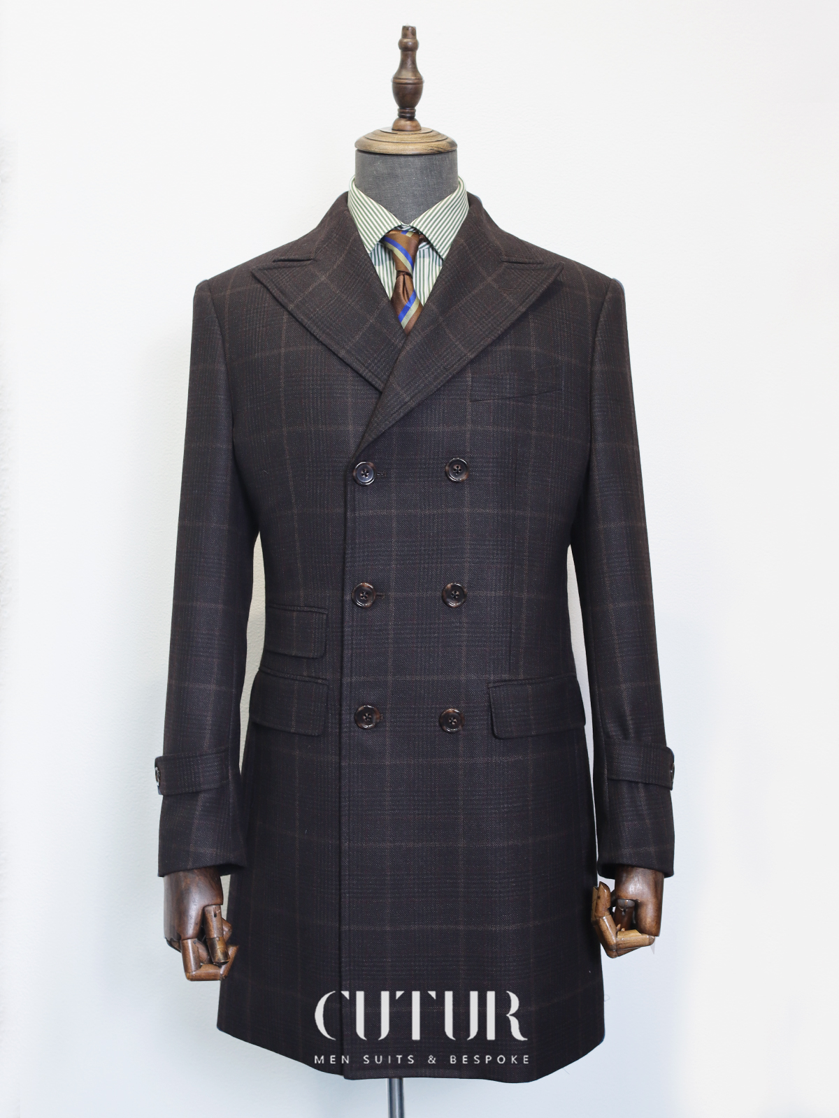 Removable Guilt Brown Check Double Breasted Overcoat