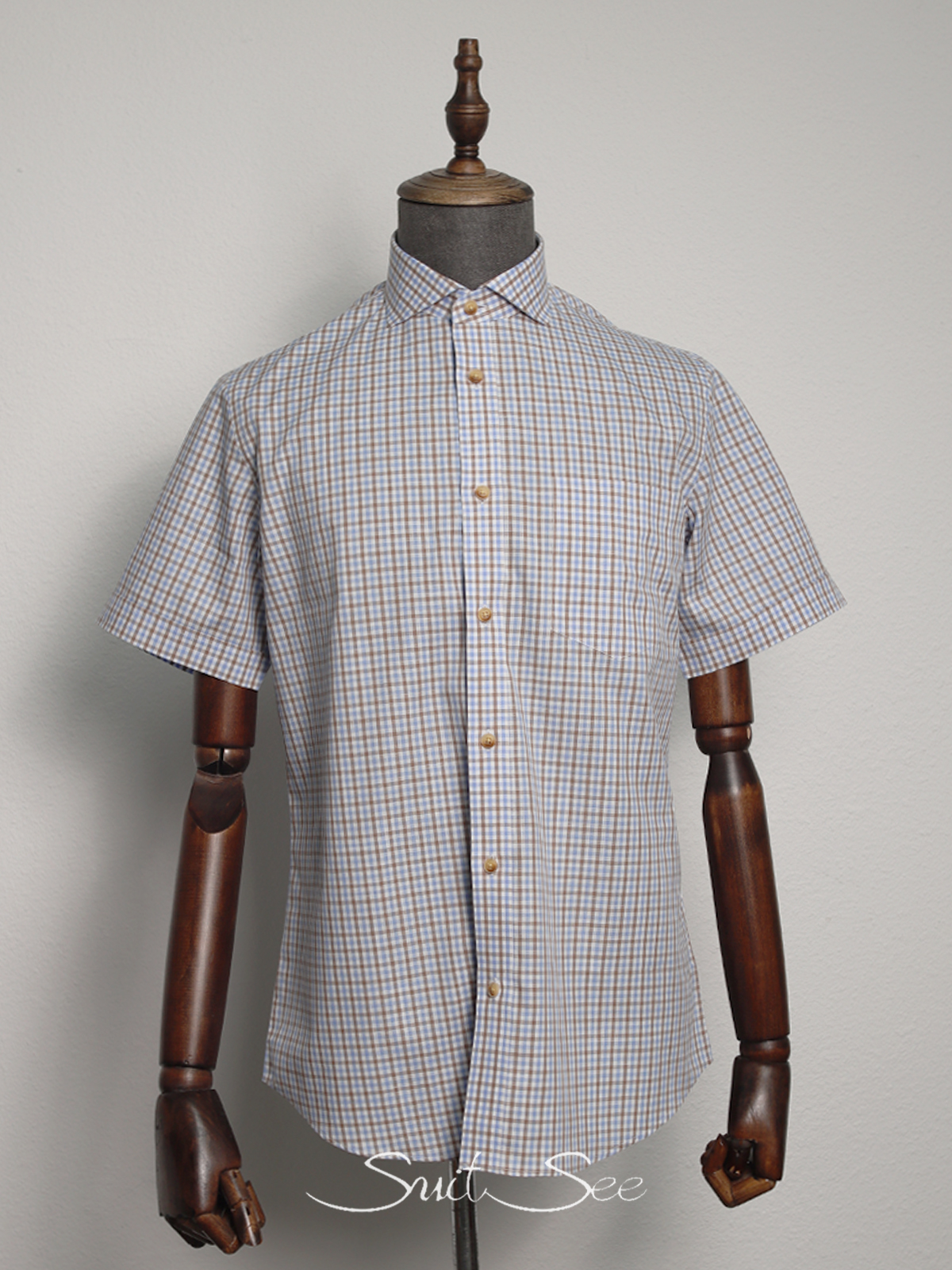 Summer Linen Fabric Plaid Short Shirt With Chest Pocket