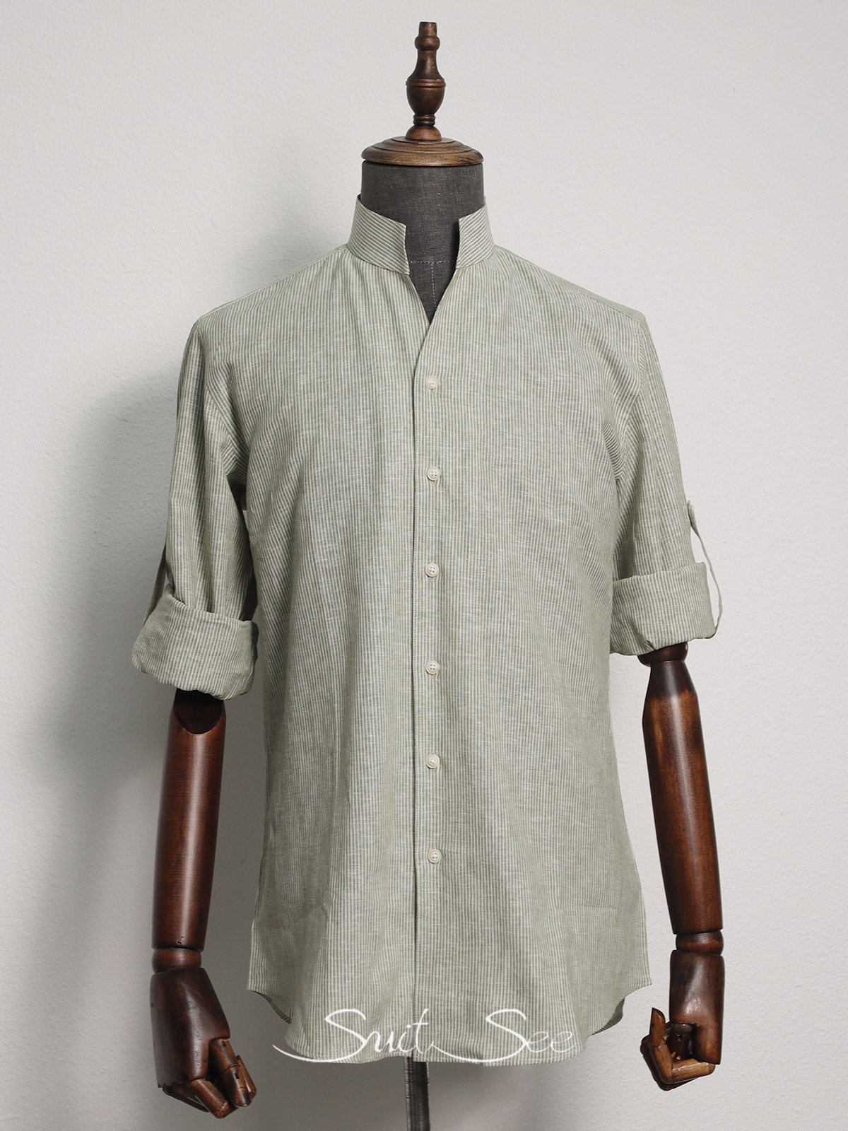 Summer 100%Linen Stand-up Collar Shirt With Sleeve Strap