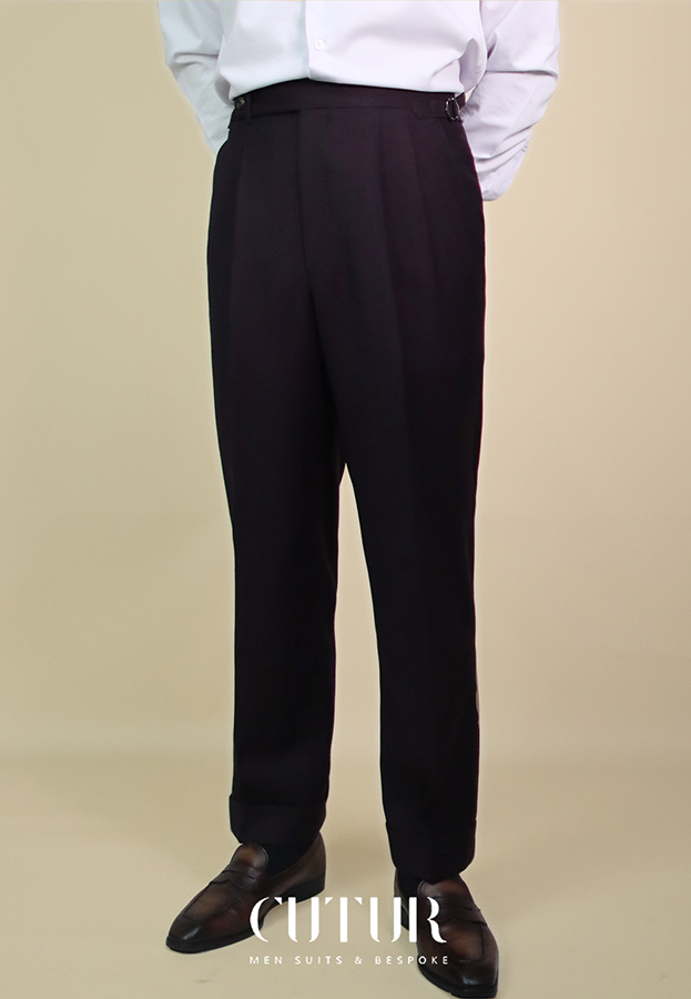 Double Pleated Flannel  Side Buckle Trousers